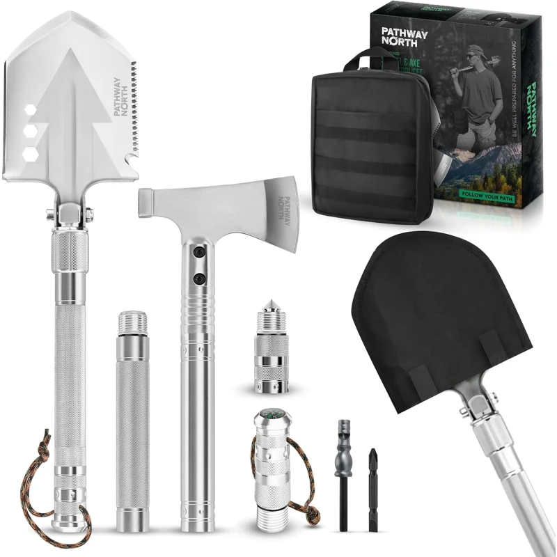 Survival Shovel and Camping Axe – Stainless Steel Tactical Survival Multi-Tool and Survival Hatchet Equipment for Outdoor Hiking Camping Gear, Hunting, Backpacking Emergency Kit(Silver)