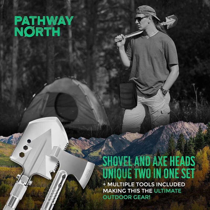 Survival Shovel and Camping Axe – Stainless Steel Tactical Survival Multi-Tool and Survival Hatchet Equipment for Outdoor Hiking Camping Gear, Hunting, Backpacking Emergency Kit(Silver)